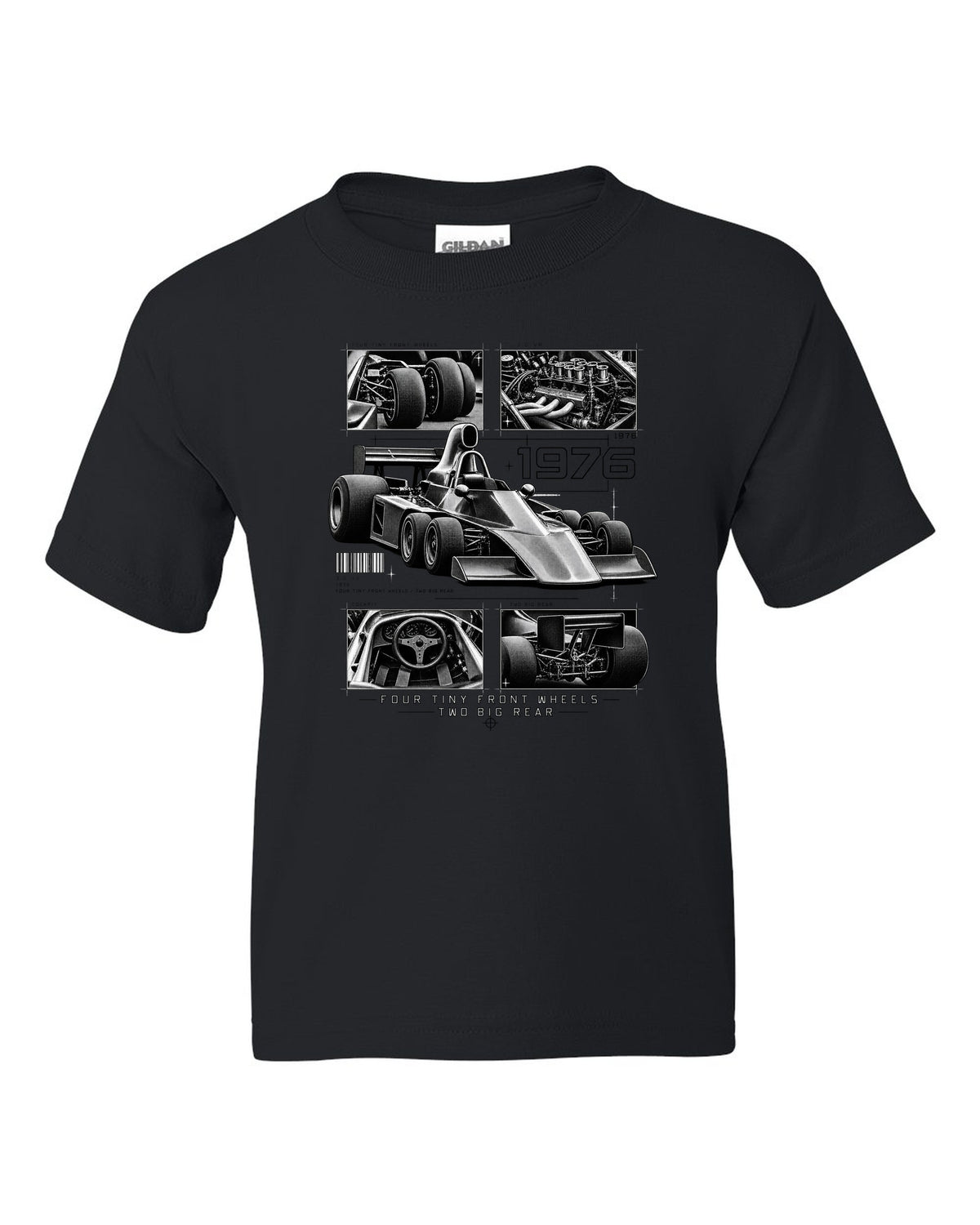 Tyrrell P34 six-wheel F1 car dossier panel print black kids tee front view with the design