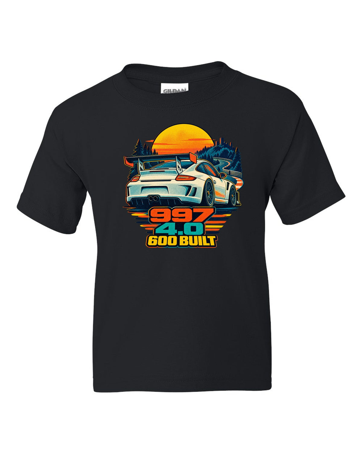 Misregistered risograph print of a Porsche 911 GT3 RS 4.0 997 at sunrise black kids tee front view with the design
