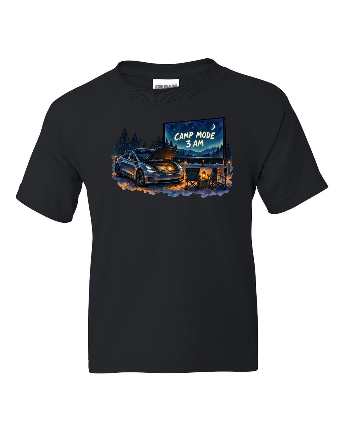 Watercolor wash print of a Tesla Model 3 with the words Camp Mode 3 AM black kids tee front view with the design