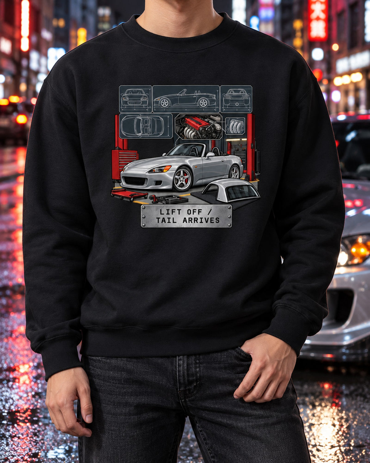 S2000 AP1 Shop Spec Sheet Data Plate Shirt, Lift Off Oversteer Crewneck Black worn hero