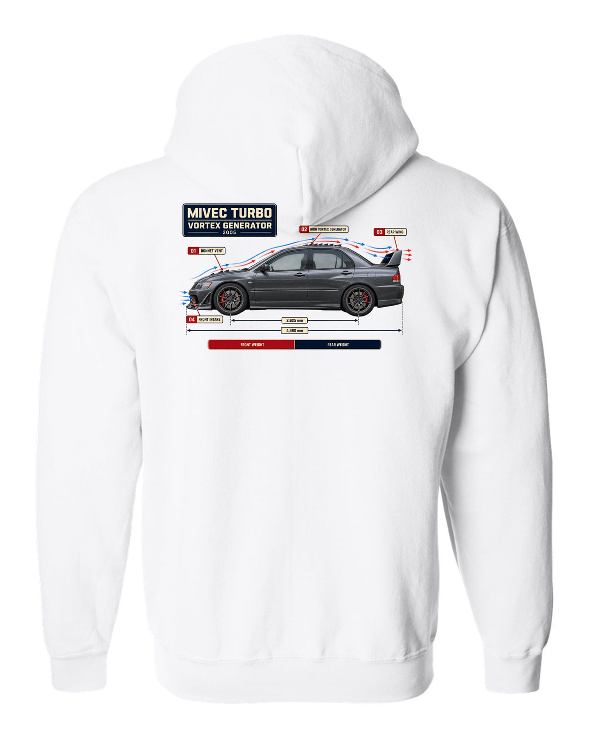 Lancer Evolution IX Aero Callout Diagram Tee, MIVEC Turbo white zip hoodie back view with the design
