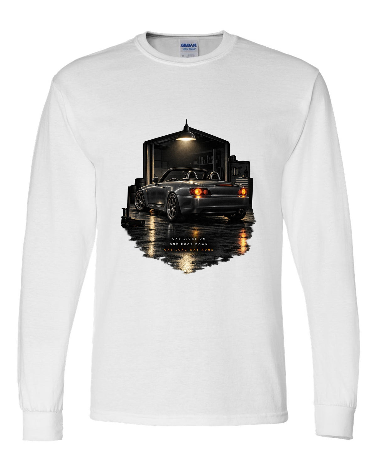 Honda S2000 AP1 roadster garage night design with roof down long way home text white long sleeve front view with the design