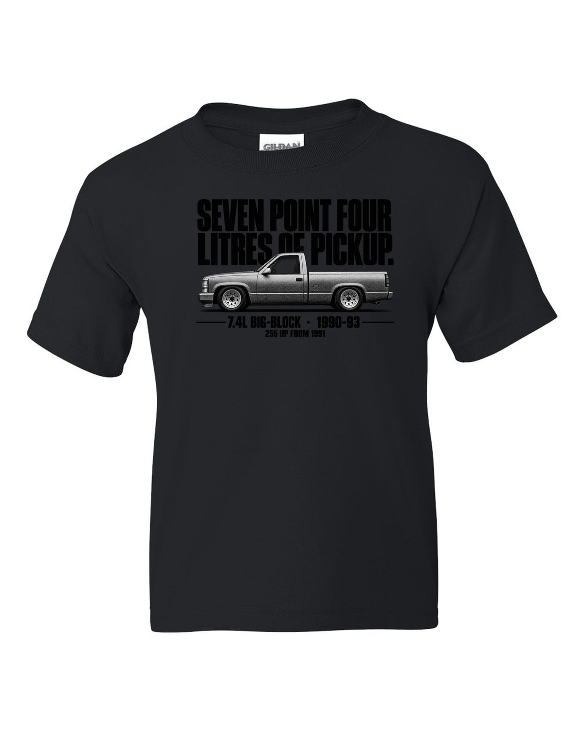 Chevy 454 SS Pickup Halftone Profile black kids tee front view with the design