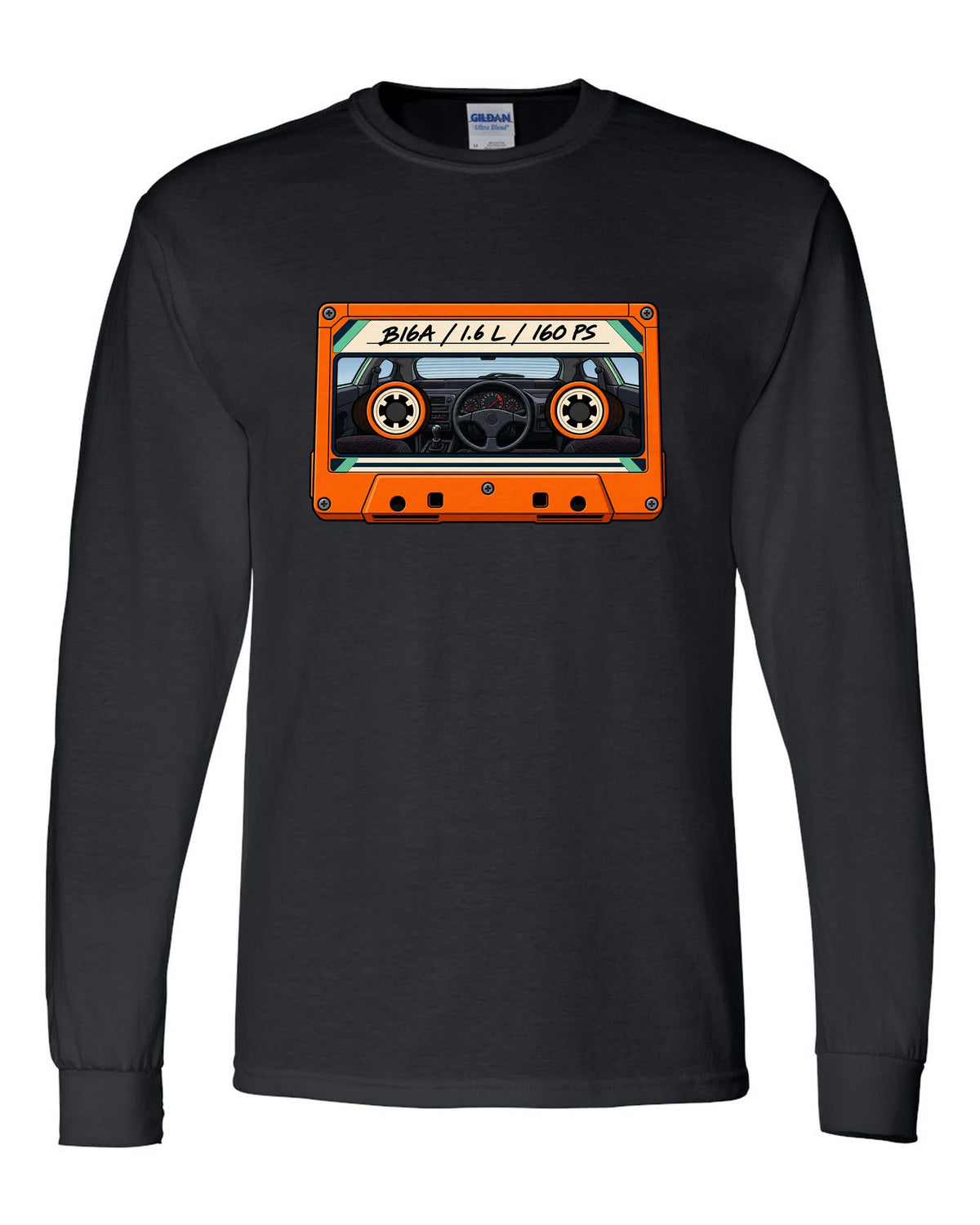 Lo-fi cassette label style print for a Honda Civic EG6 SiR with B16A 1.6 L 160 PS text black long sleeve front view with the design