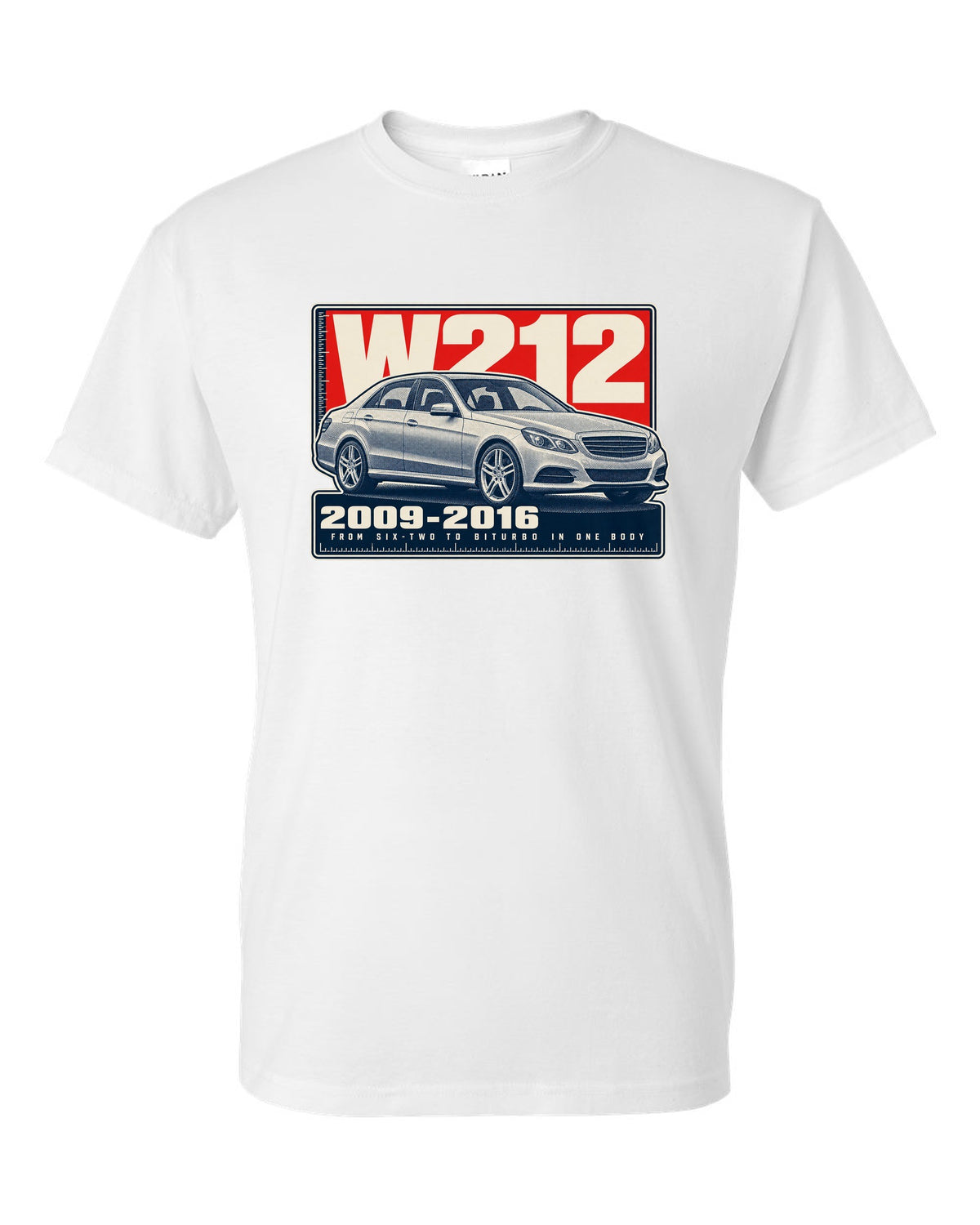 Halftone print of a Mercedes-AMG E63 W212 sedan white t-shirt front view with the design