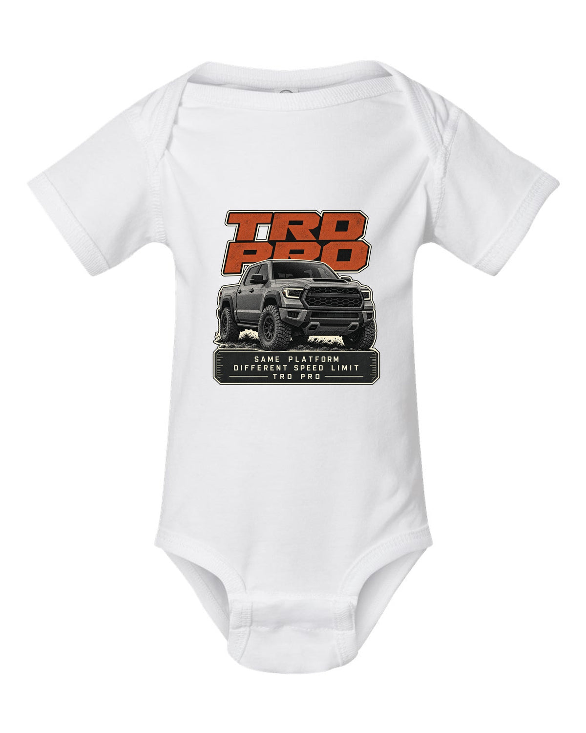 Toyota Tundra TRD Pro halftone statement design white baby onesie front view with the design