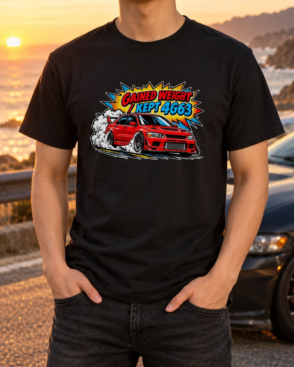 Evo VII CT9A Comic Pop-Art Launch Shirt, Mitsubishi Car Tee T-Shirt Black worn hero
