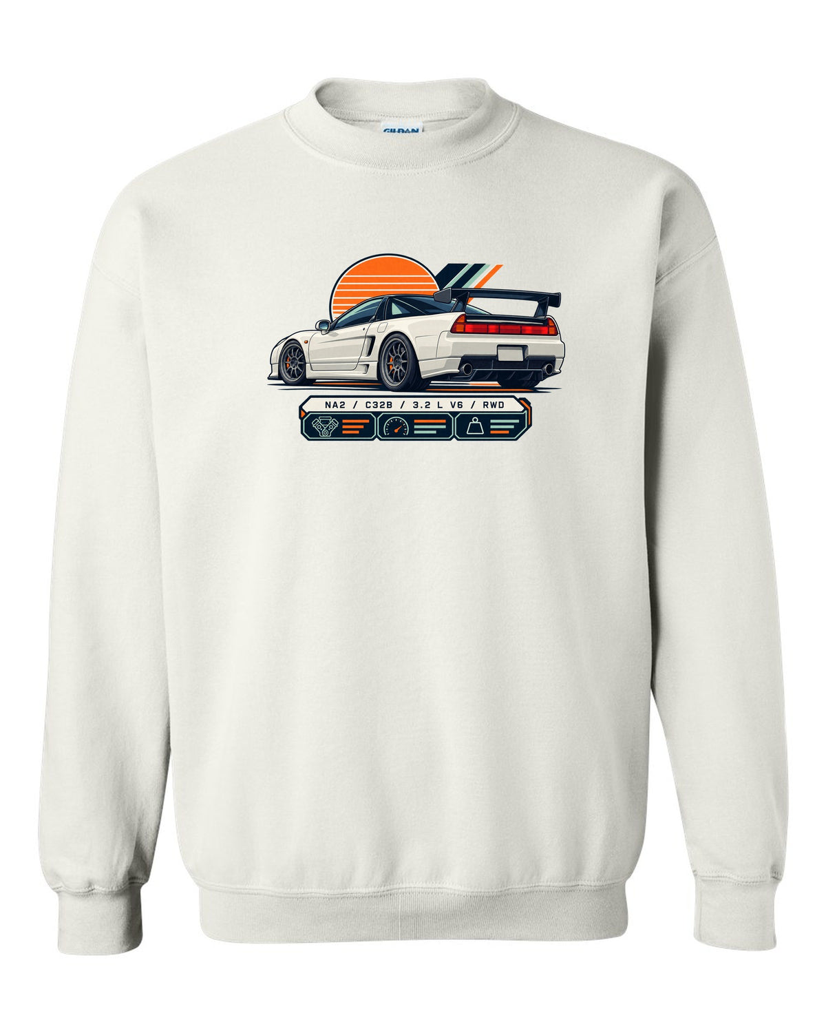Spec-sheet data plate print of the Honda NSX-R NA2 with NA2 C32B 3.2 L V6 RWD text white crewneck front view with the design