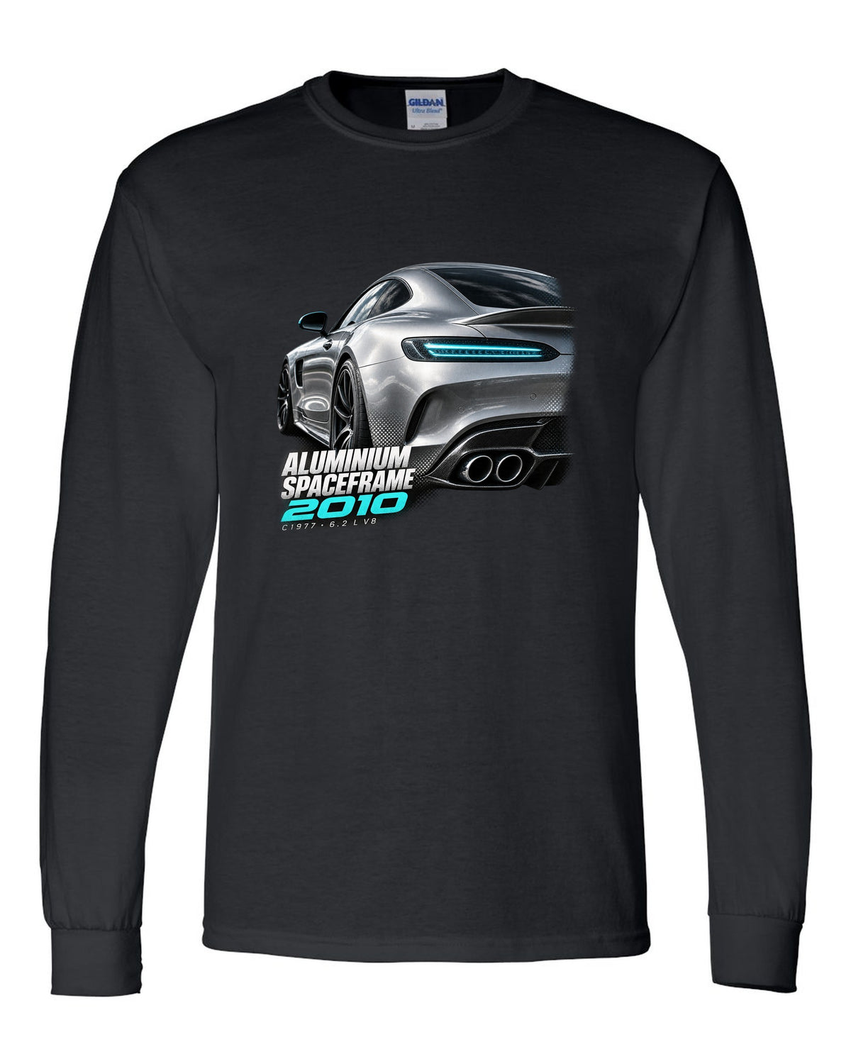 Taillight macro print of a Mercedes SLS AMG C197 with Aluminium Spaceframe 2010 lettering black long sleeve front view with the design