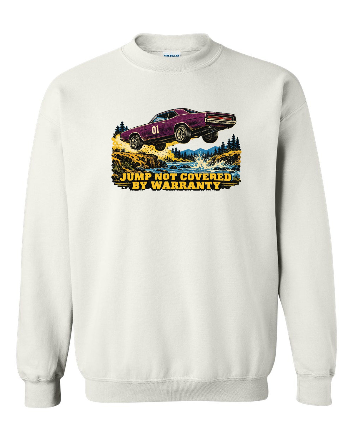 Vintage screen print of an orange 1969 Dodge Charger B-body mid-jump with number 01 on the doors white crewneck front view with the design