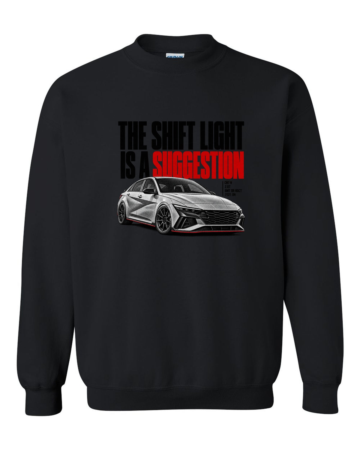 Halftone Hyundai Elantra N CN7 with the shift light is a suggestion text black crewneck front view with the design