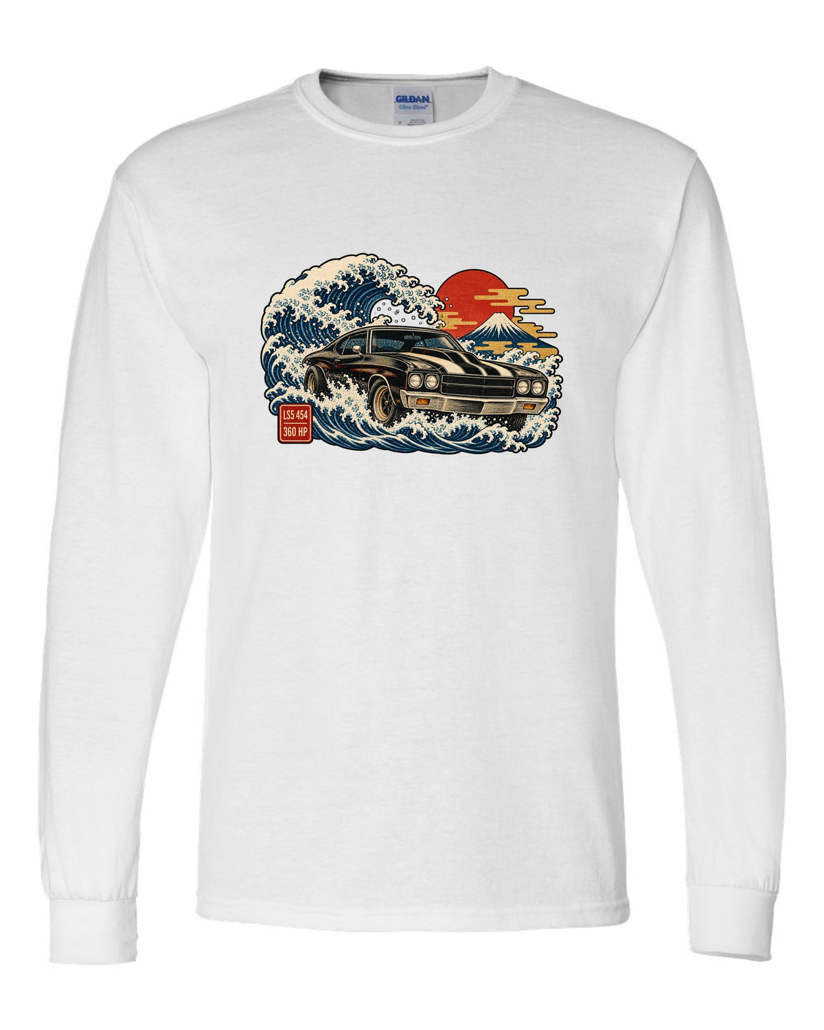 1970 Chevelle SS on a great wave in ukiyo-e woodblock style with text LS5 454 360 HP white long sleeve front view with the design