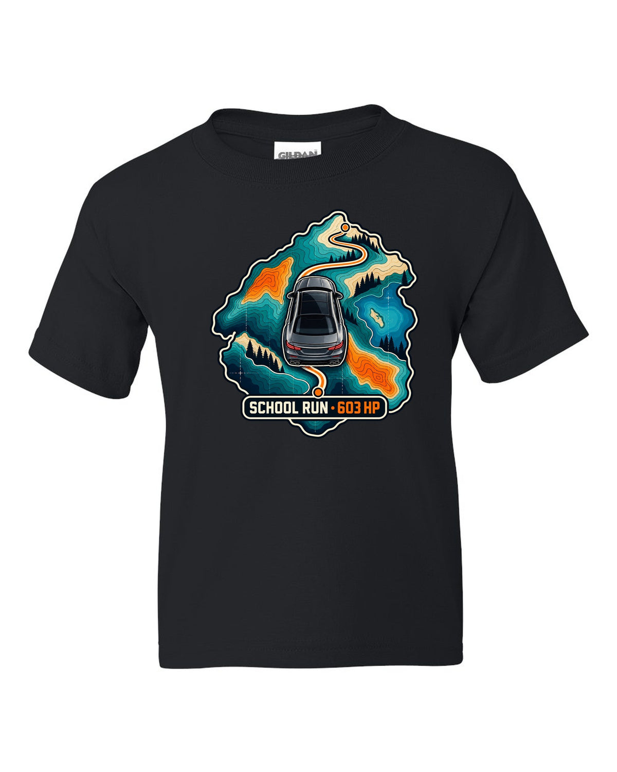 Topographic route map graphic reading School Run 603 HP for a Mercedes E63 W213, print black kids tee front view with the design