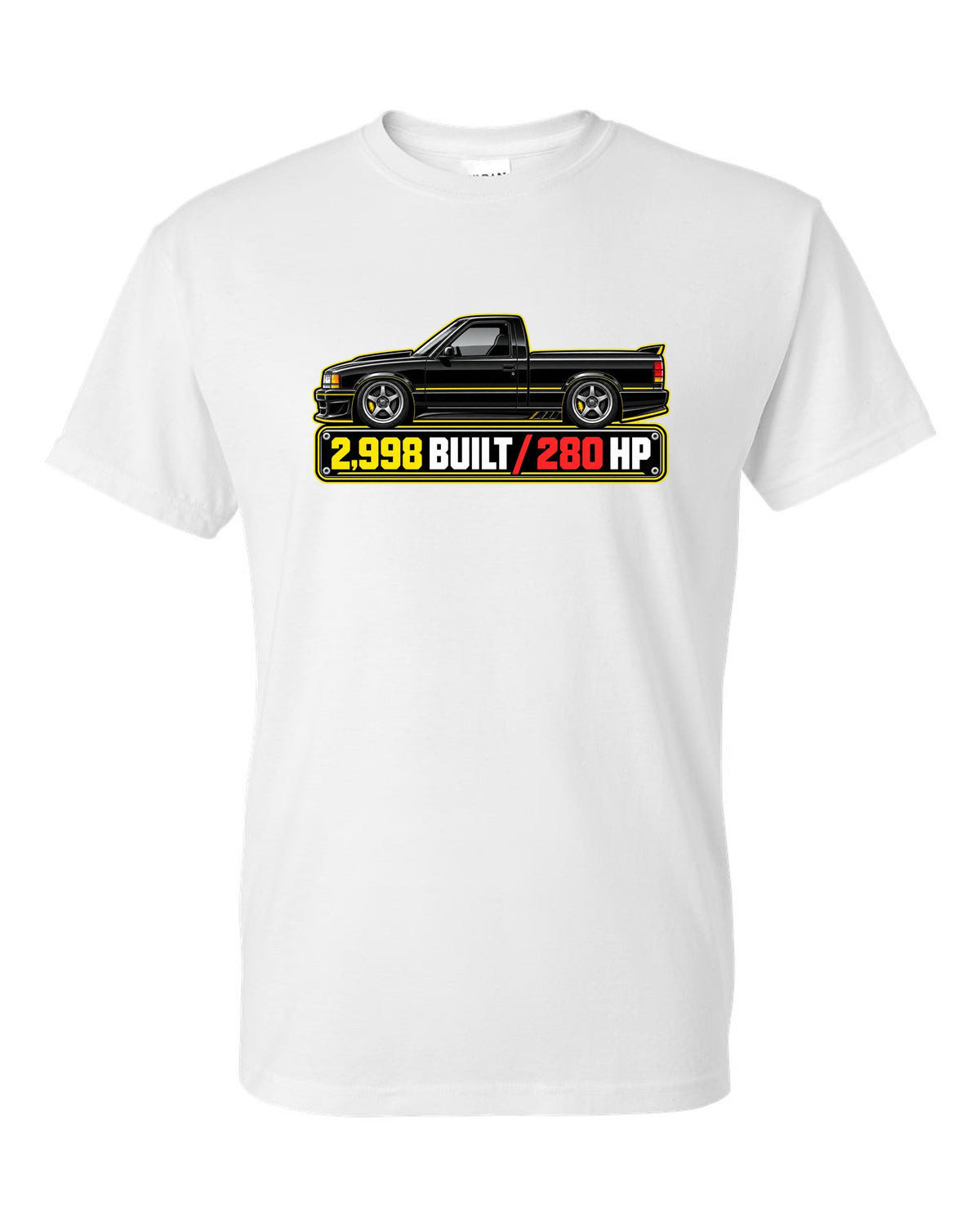 Spec-sheet data plate print of a 1991 GMC Syclone with 2,998 built and 280 HP lettering white t-shirt front view with the design