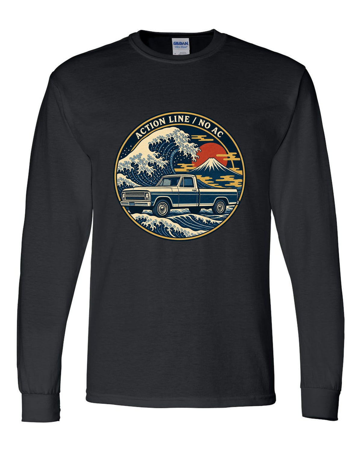 Ukiyo-e woodblock wave print of a 1967-72 Chevrolet C10 Action Line Fleetside with Action Line no AC lettering black long sleeve front view with the design