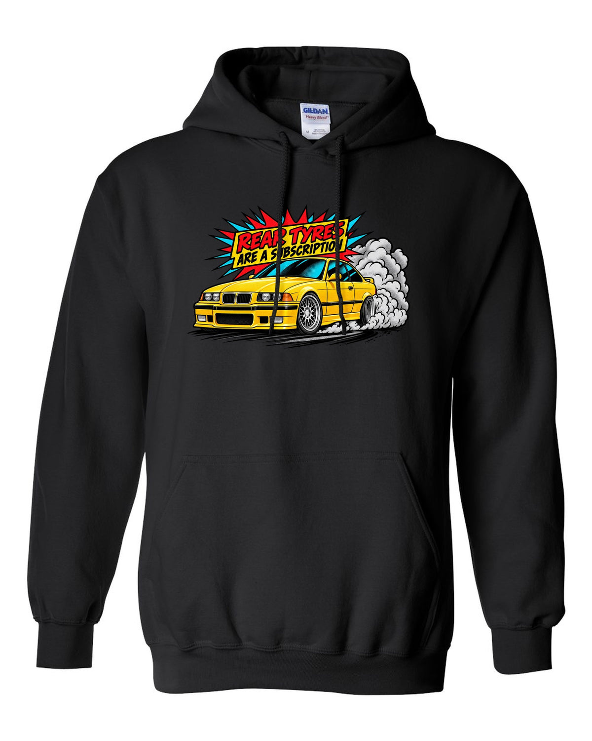 Risograph illustration of the stripped cockpit of a BMW E36 M3 Lightweight 1995 black pull over hoodie front view with the design