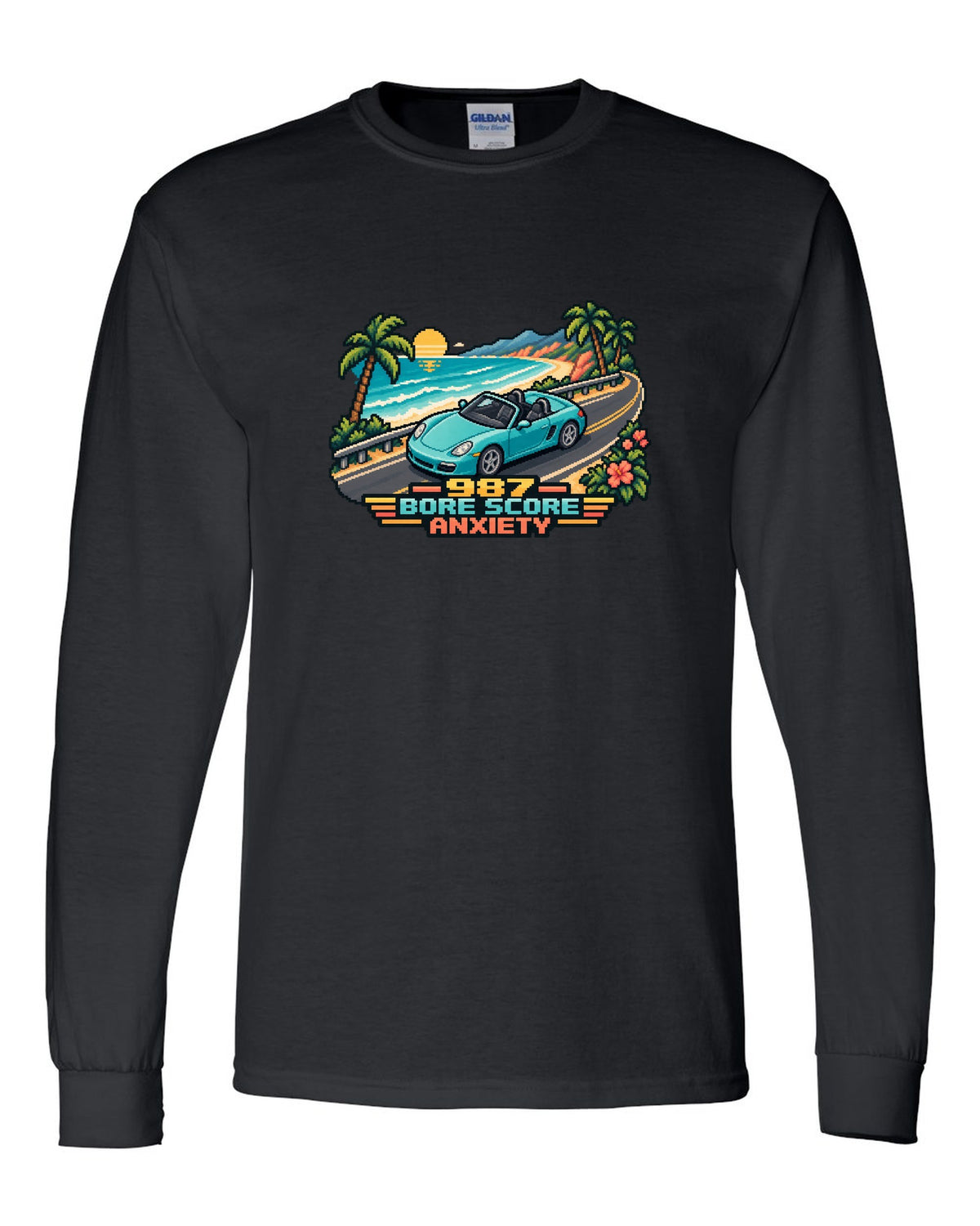 Porsche Boxster 987 isometric pixel art roadster with bore score anxiety text black long sleeve front view with the design