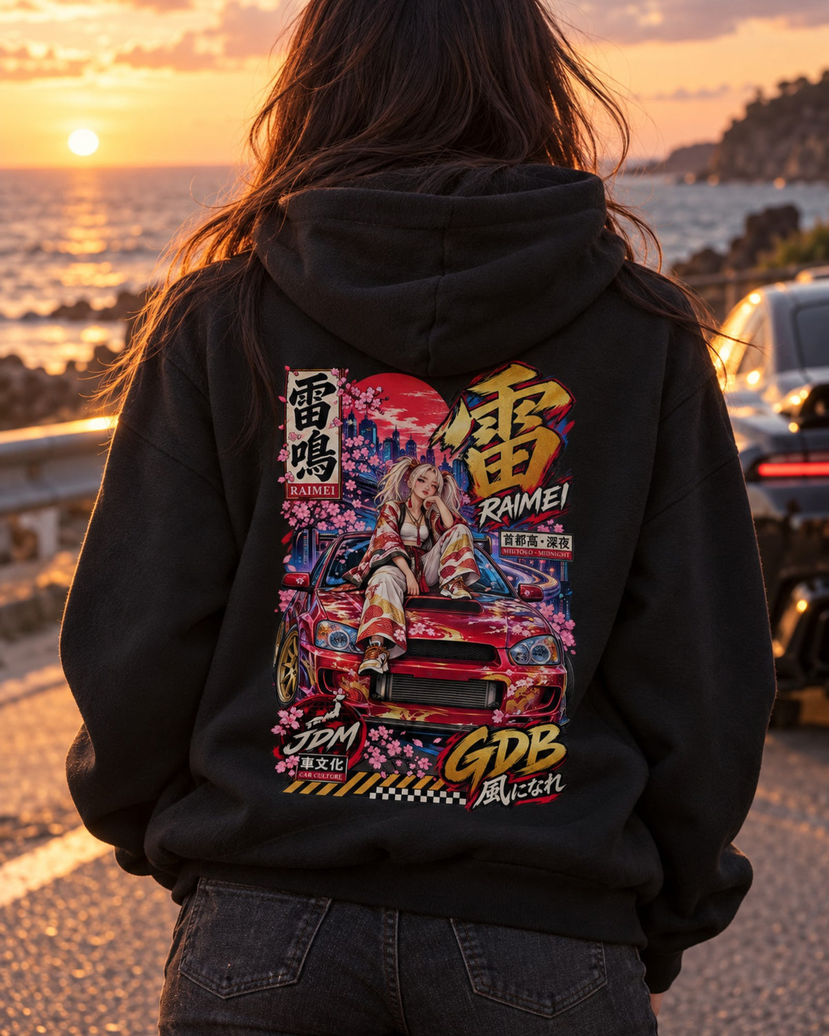RAIMEI GDB Anime Girl Full-Back Graphic Tee Pull Over Hoodie Black worn hero