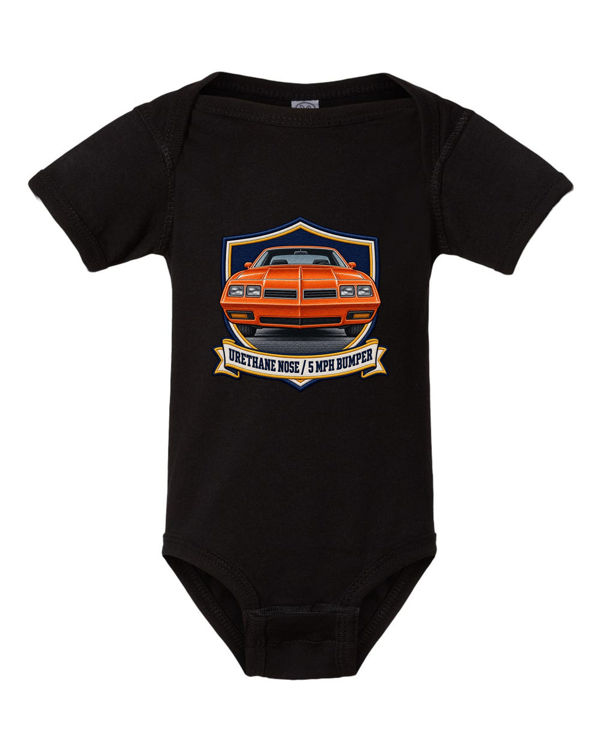 Varsity crest print for a 1973 Chevelle Laguna S-3 with the text Urethane Nose, 5 MPH Bumper black baby onesie front view with the design