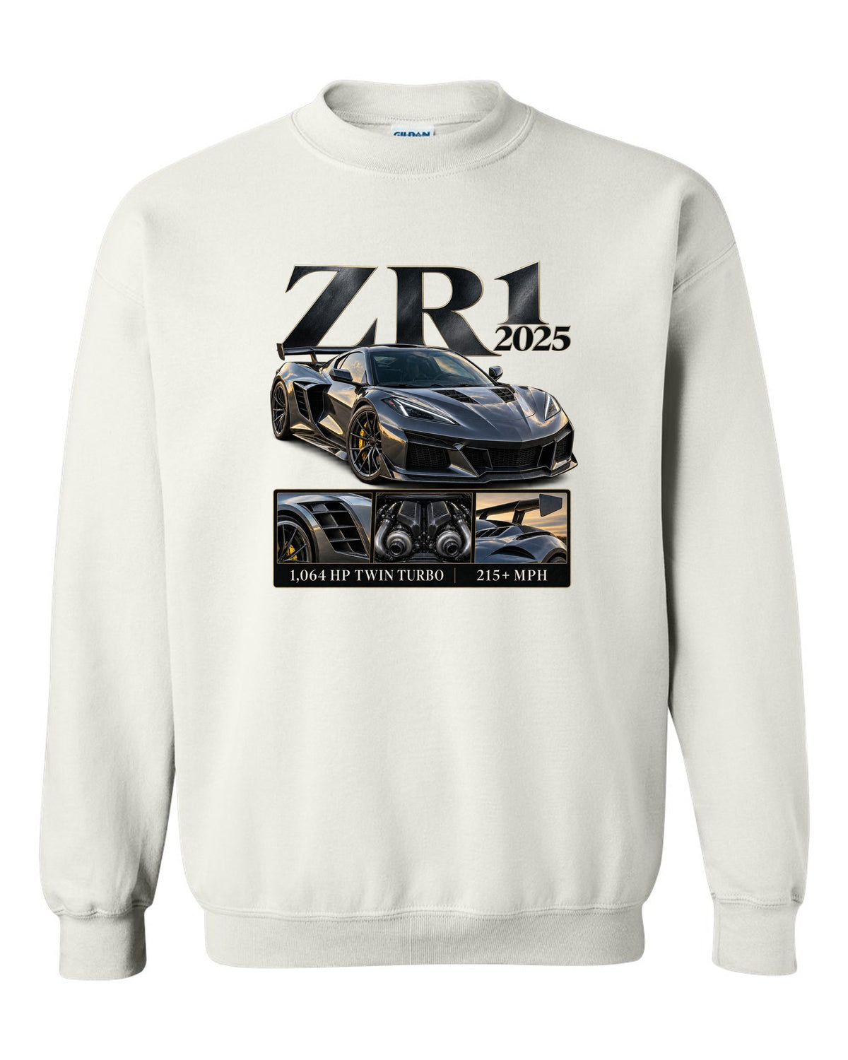 Corvette C8 ZR1 2025 with large fender vents, archive panel white crewneck front view with the design