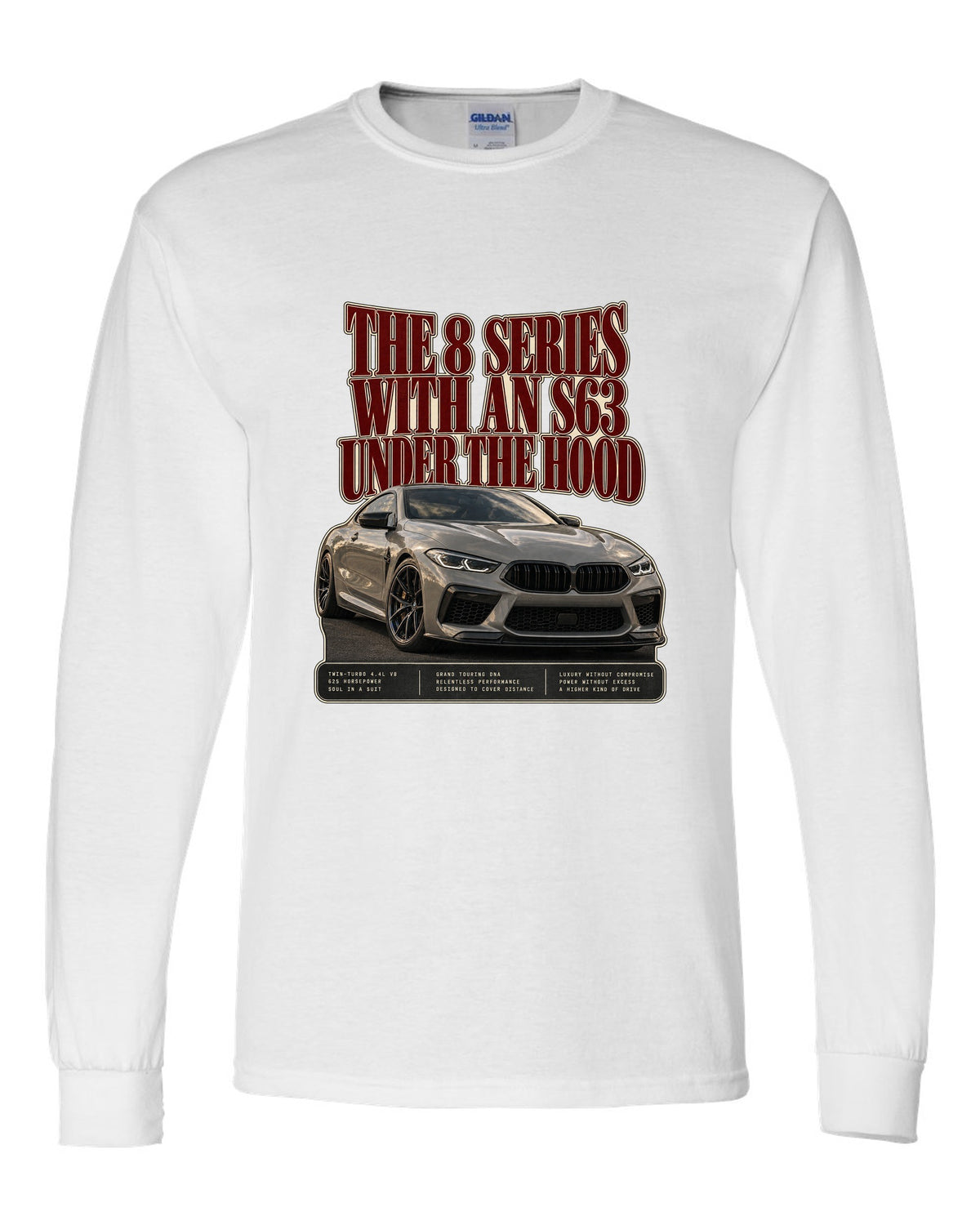 BMW M8 Competition Coupe F92 editorial headline print on a tee white long sleeve front view with the design