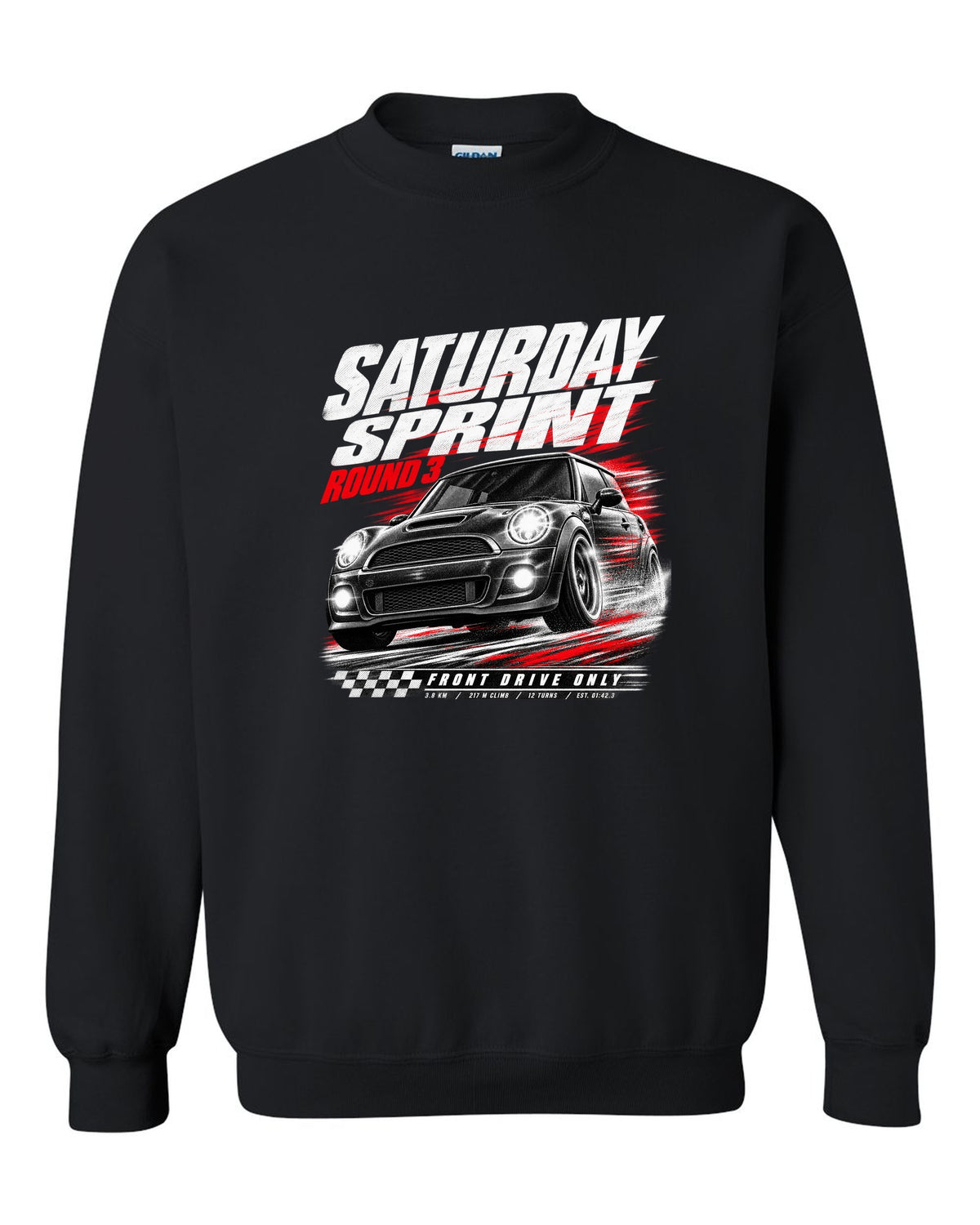 Race poster print of a Mini Cooper JCW R56 front three-quarter at a Saturday sprint round three black crewneck front view with the design