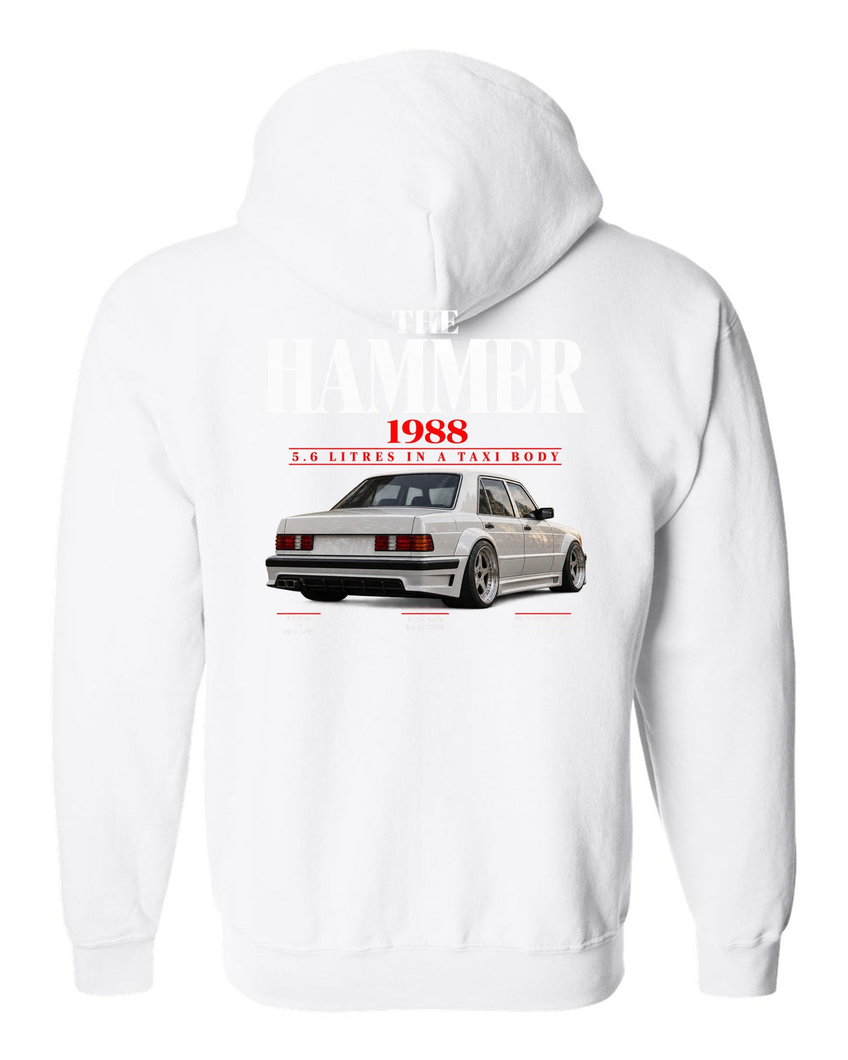 Mercedes 300E 5.6 AMG Hammer W124 editorial print with 1988 headline white zip hoodie back view with the design