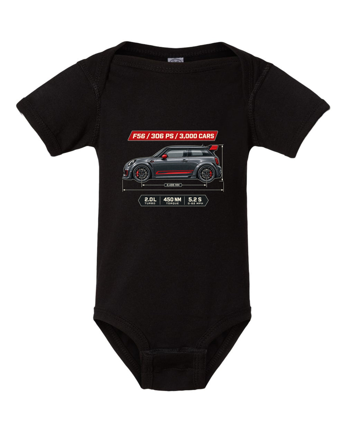 Dimension blueprint print of the Mini JCW GP F56 2020 with 306 PS and 3,000 cars text black baby onesie front view with the design