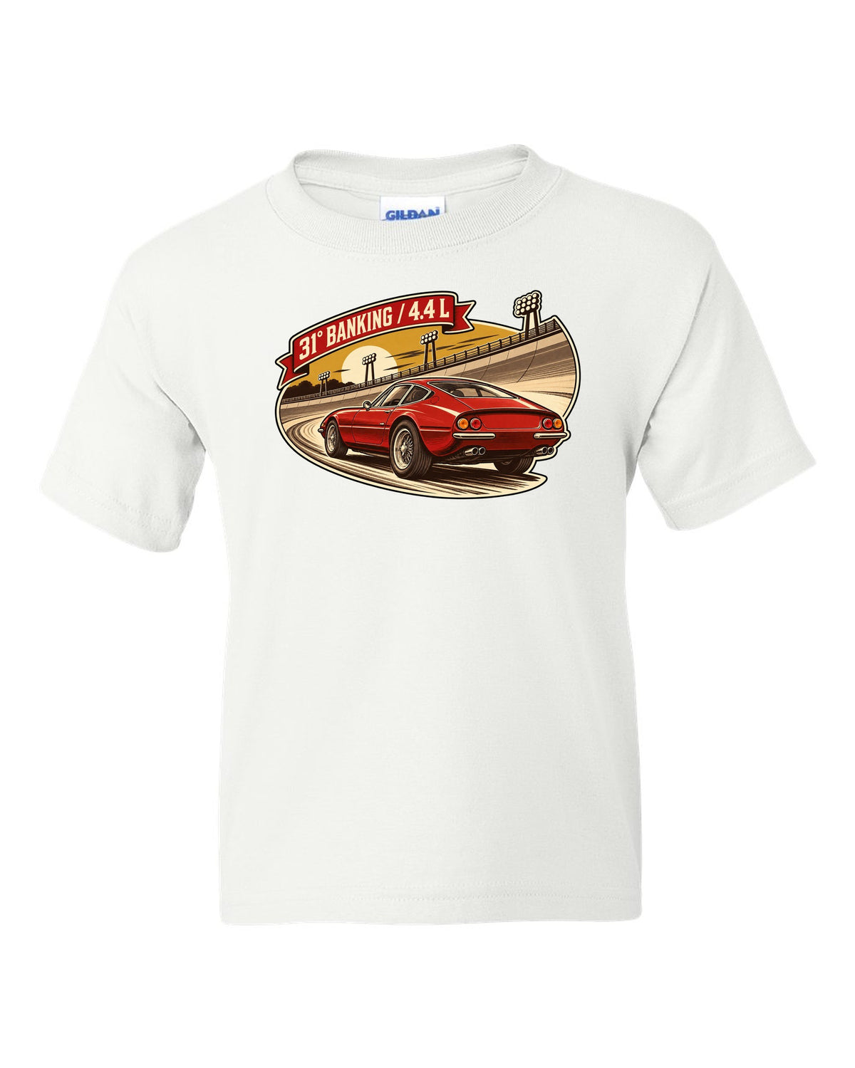 Sepia retro race-programme illustration of three Ferrari 365 GTB/4 Daytonas on banking white kids tee front view with the design