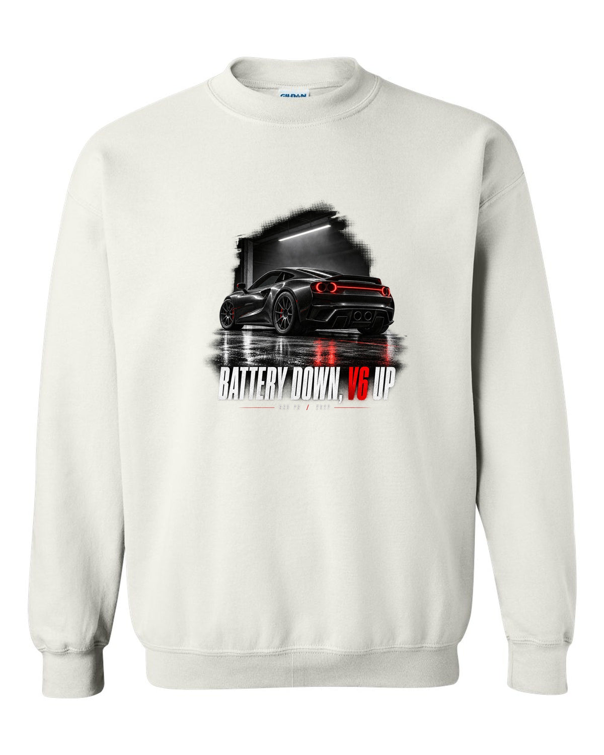 Garage night print of a Ferrari 296 GTB with the text Battery Down, V6 Up, 663 PS, 2022 white crewneck front view with the design