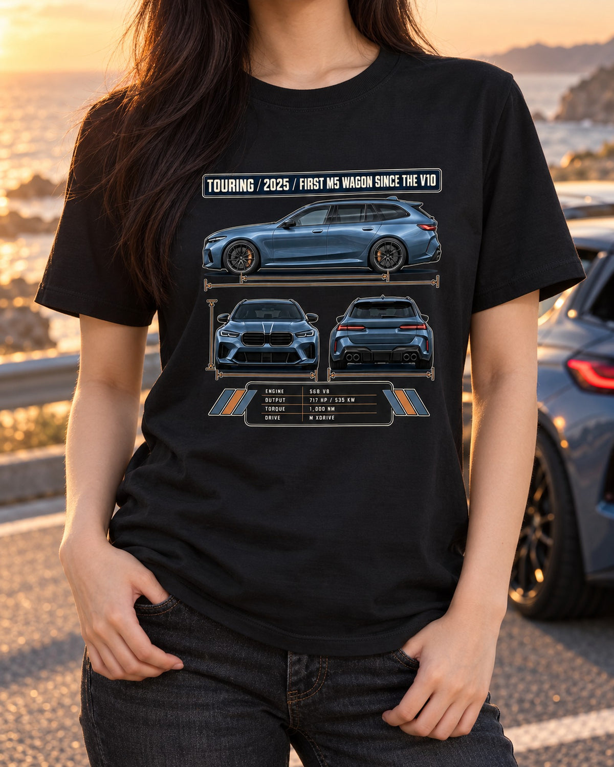 BMW M5 G90 Touring Three-View Tee, First M5 Wagon Since V10 T-Shirt Black worn hero