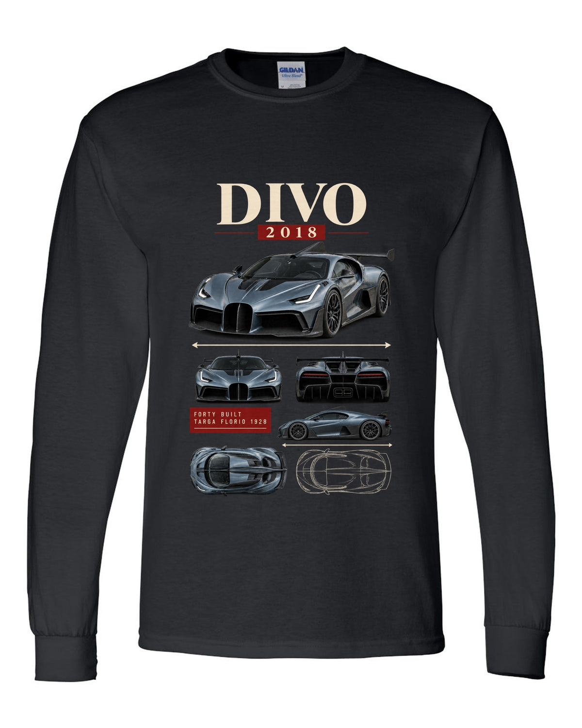 Archive panel design of the Bugatti Divo 2018 with Targa Florio 1928 text, print black long sleeve front view with the design
