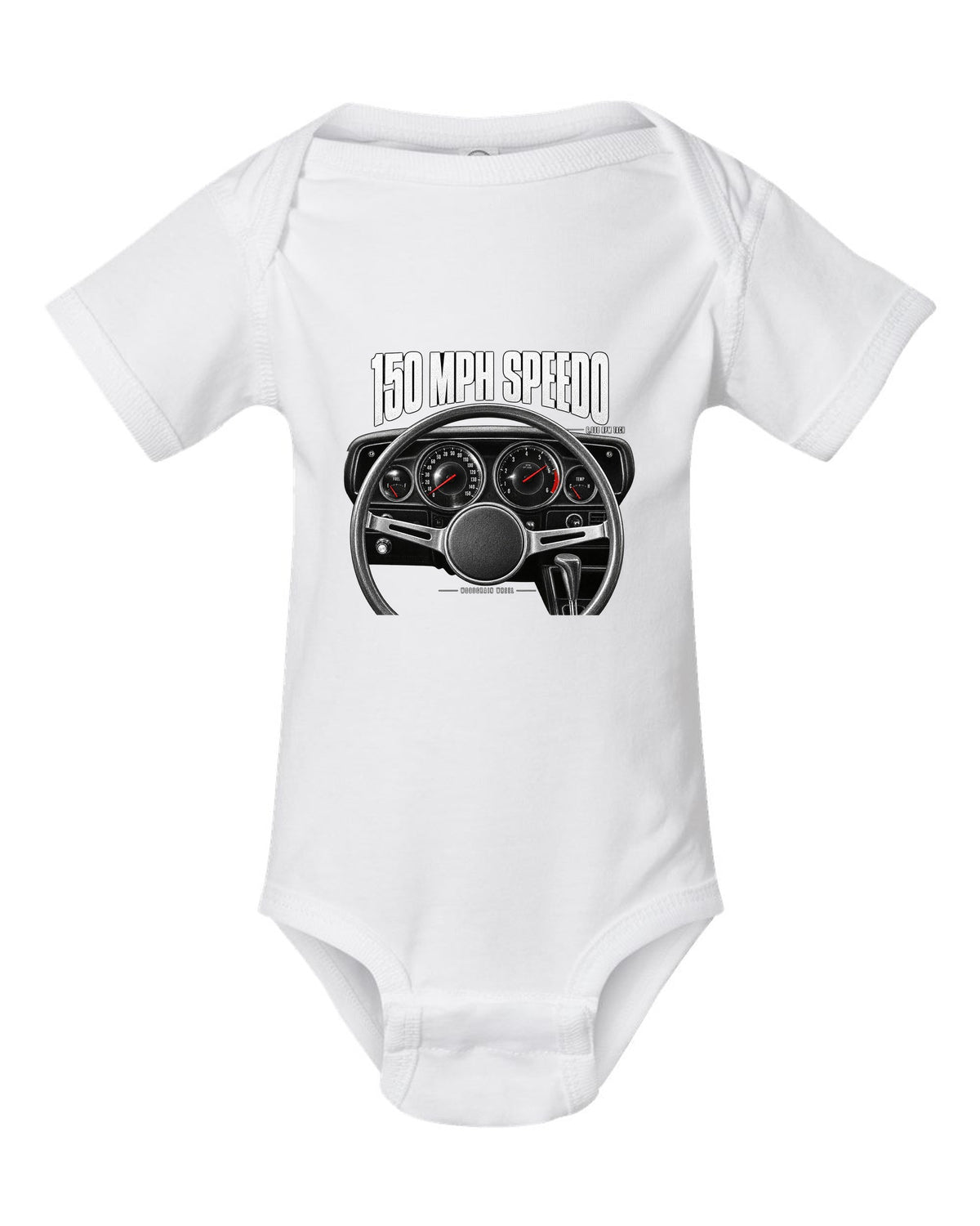 Cockpit gauge print of a 1970 Dodge Challenger R/T with speedometer, tach and woodgrain wheel white baby onesie front view with the design