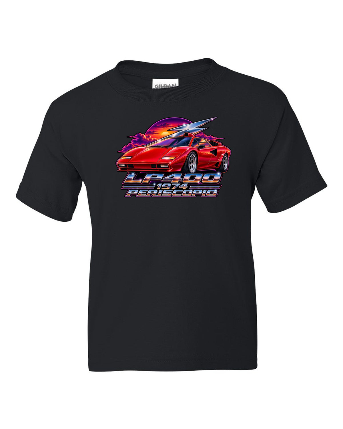 80s airbrush chrome style Lamborghini Countach LP400 with LP400 1974 Periscopio text black kids tee front view with the design
