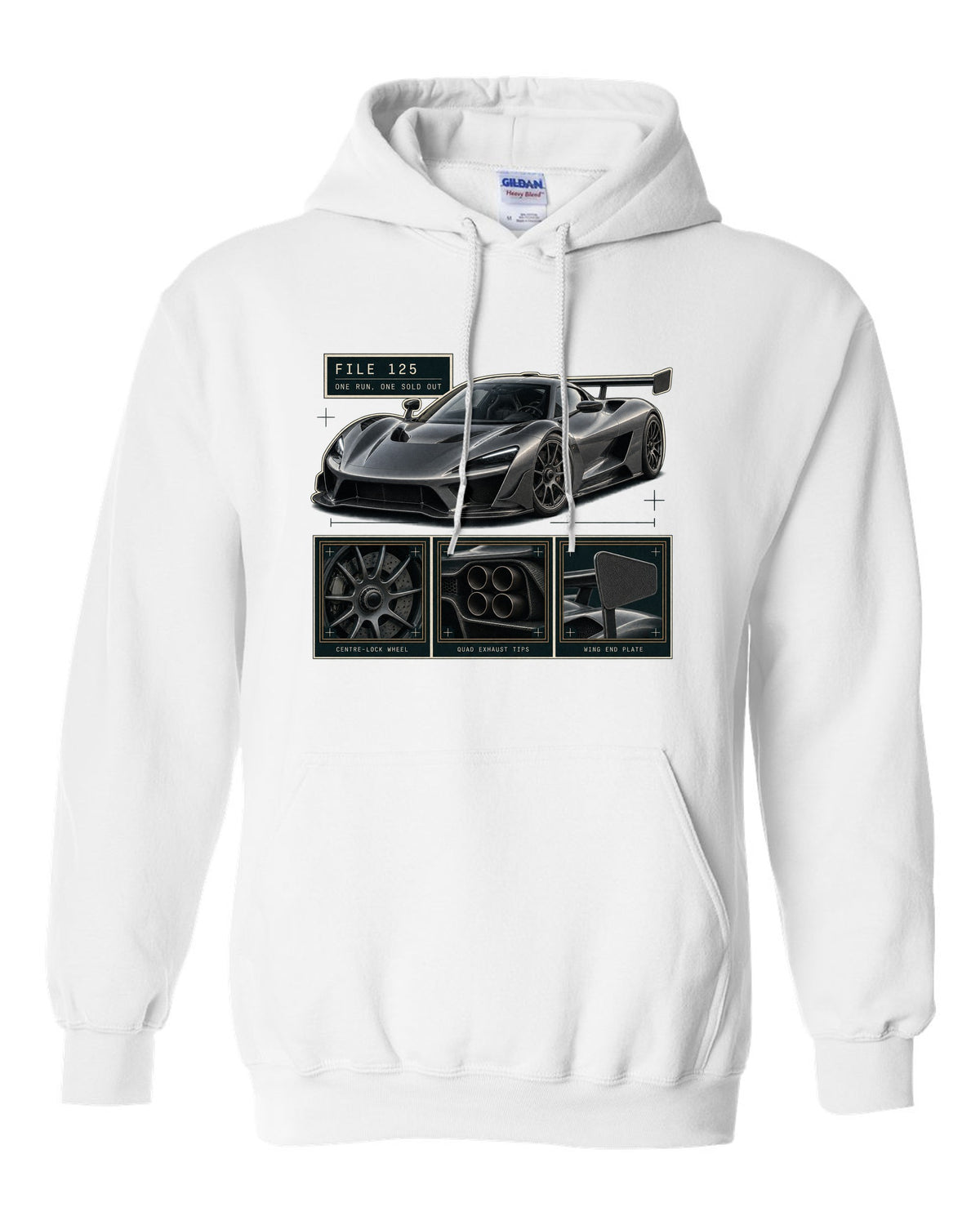 Dossier panel layout of the Koenigsegg Jesko Attack with detail panels, print white pull over hoodie front view with the design