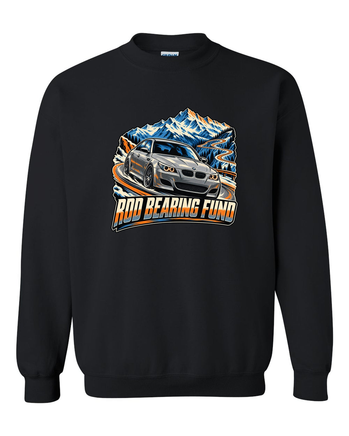 Retro Japanese showa catalogue print of a BMW M5 E28 with S38 3.5 six text black crewneck front view with the design
