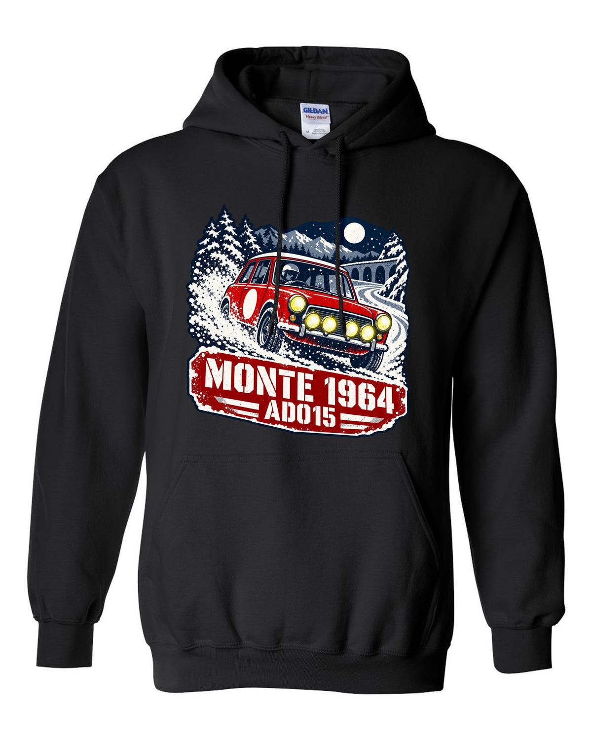 Stencil rally poster print of a Classic Mini Cooper S ADO15 on a night stage for Monte 1964 black pull over hoodie front view with the design