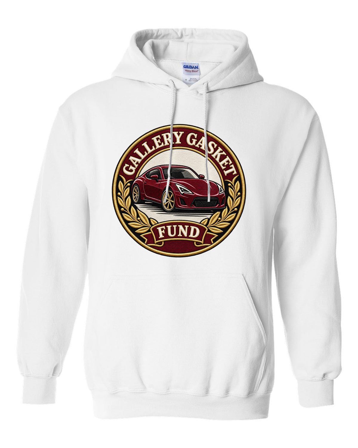 Round crest print for a Nissan 350Z Z33 with gallery gasket fund text white pull over hoodie front view with the design
