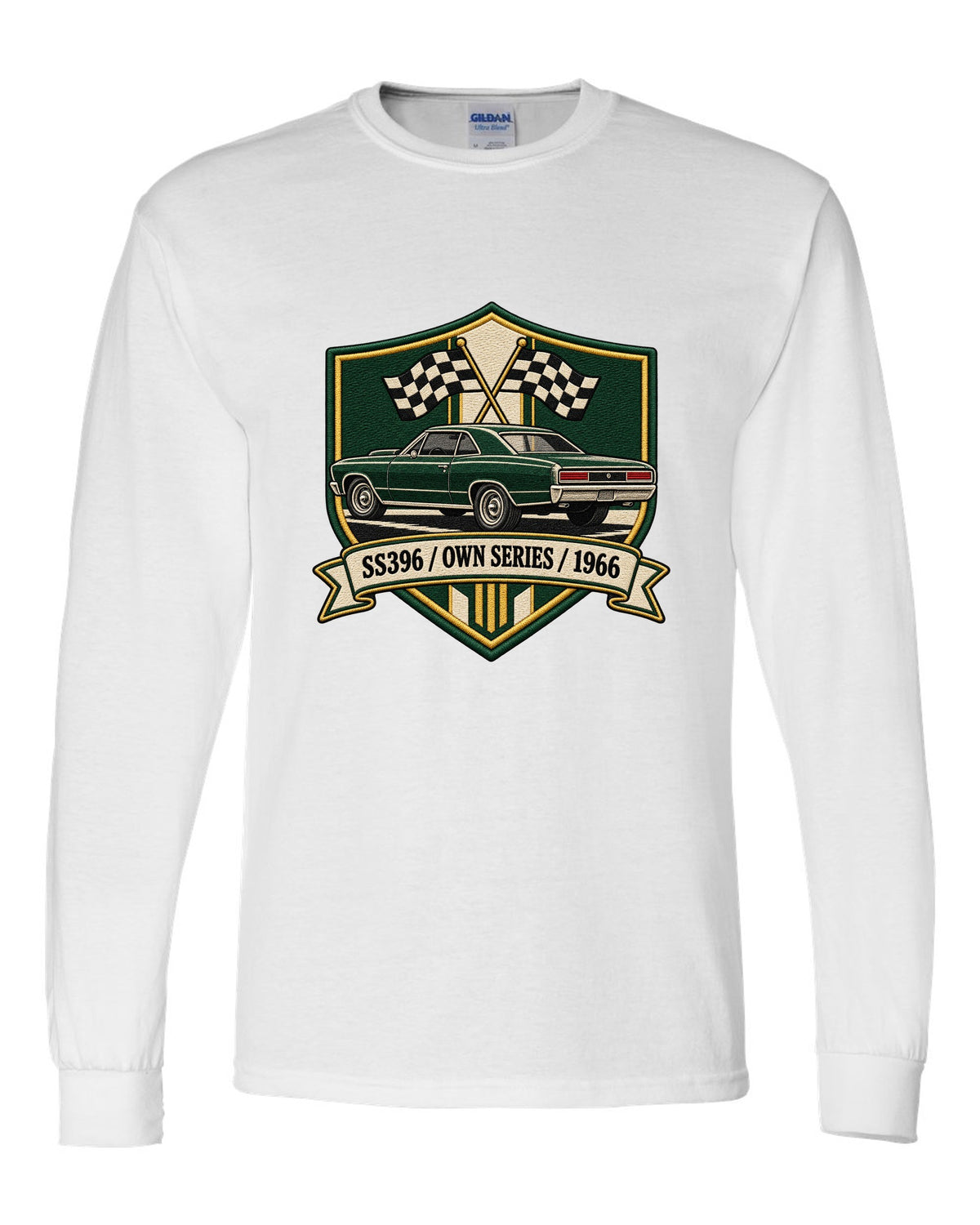1966 Chevelle SS396 in an embroidery-style shield with text SS396 Own Series 1966 white long sleeve front view with the design
