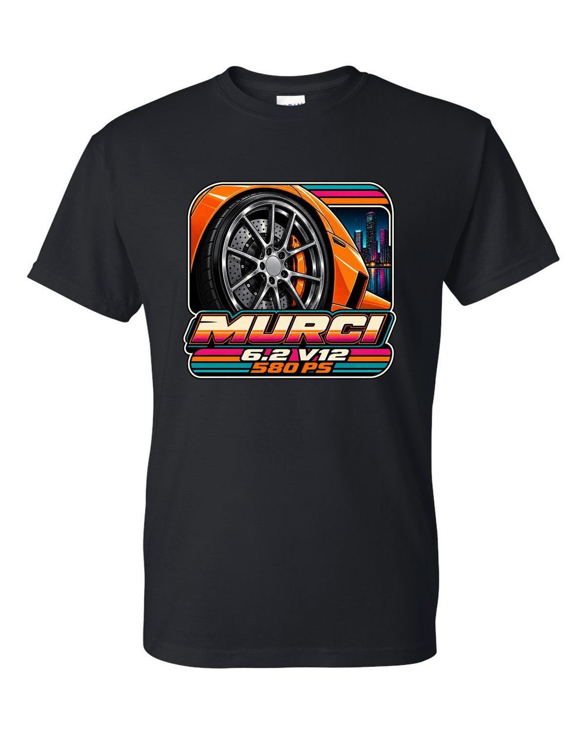 Cassette tape packaging style print of a 2001 Lamborghini Murcielago wheel with 6.2 V12 and 580 PS black t-shirt front view with the design