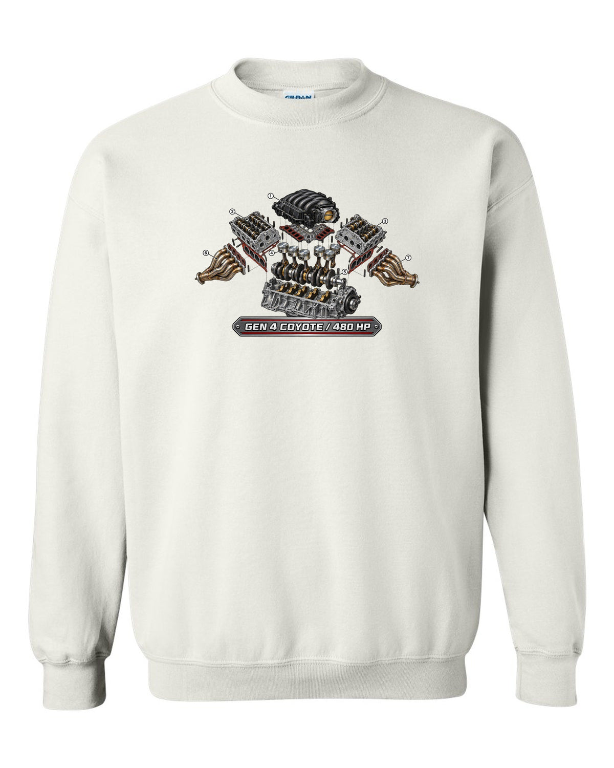 Isometric exploded cutaway engine print of a 2024 S650 Mustang 5.0 Gen 4 Coyote V8 white crewneck front view with the design