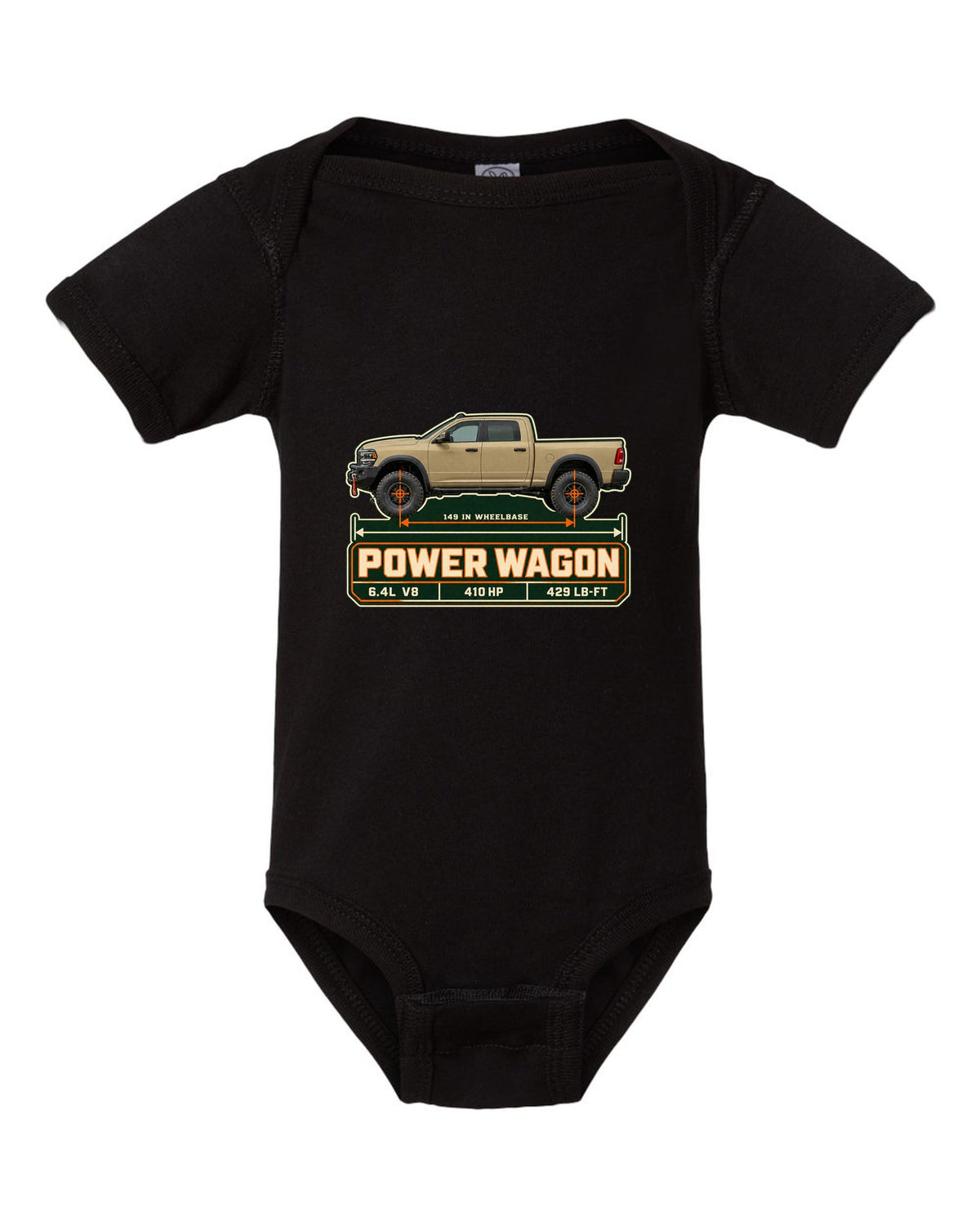 Ram 2500 Power Wagon dimension blueprint plate print with 149 inch wheelbase black baby onesie front view with the design