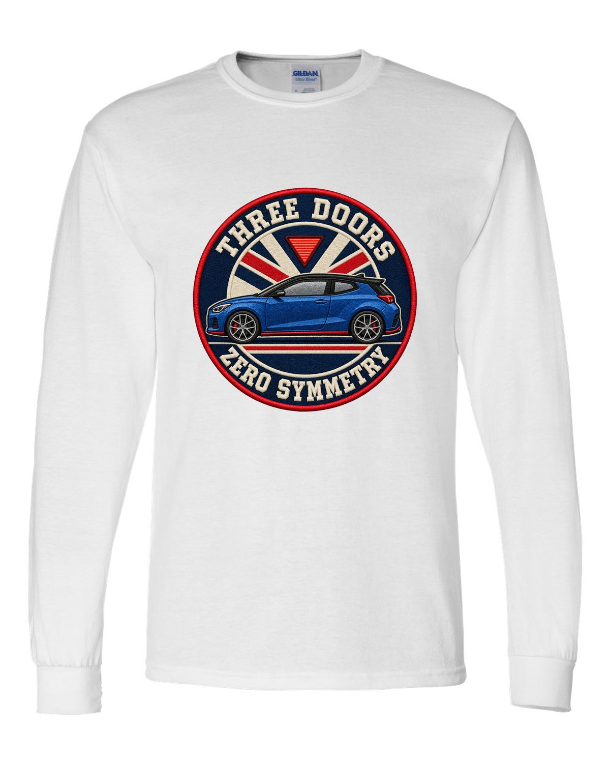 Embroidery varsity crest print for a Hyundai Veloster N JS with three doors zero symmetry text white long sleeve front view with the design