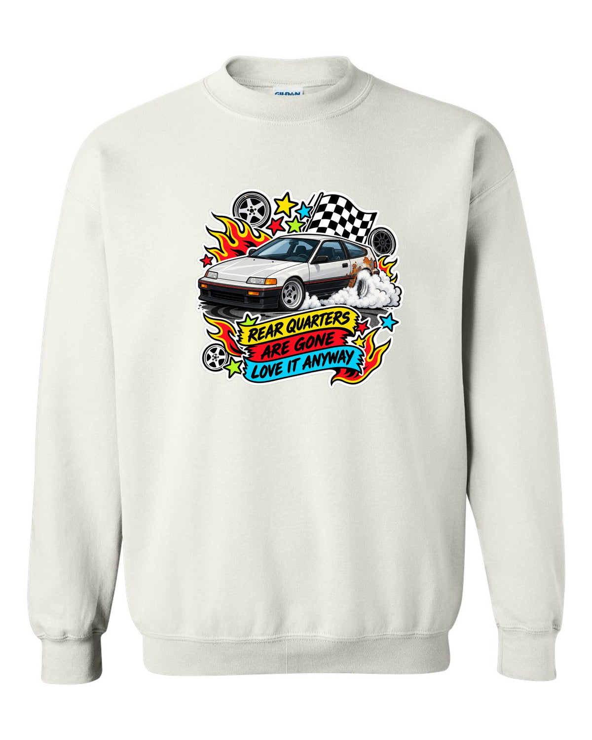 Sticker-bomb collage Honda CRX EF8 print with rusted rear quarters joke white crewneck front view with the design