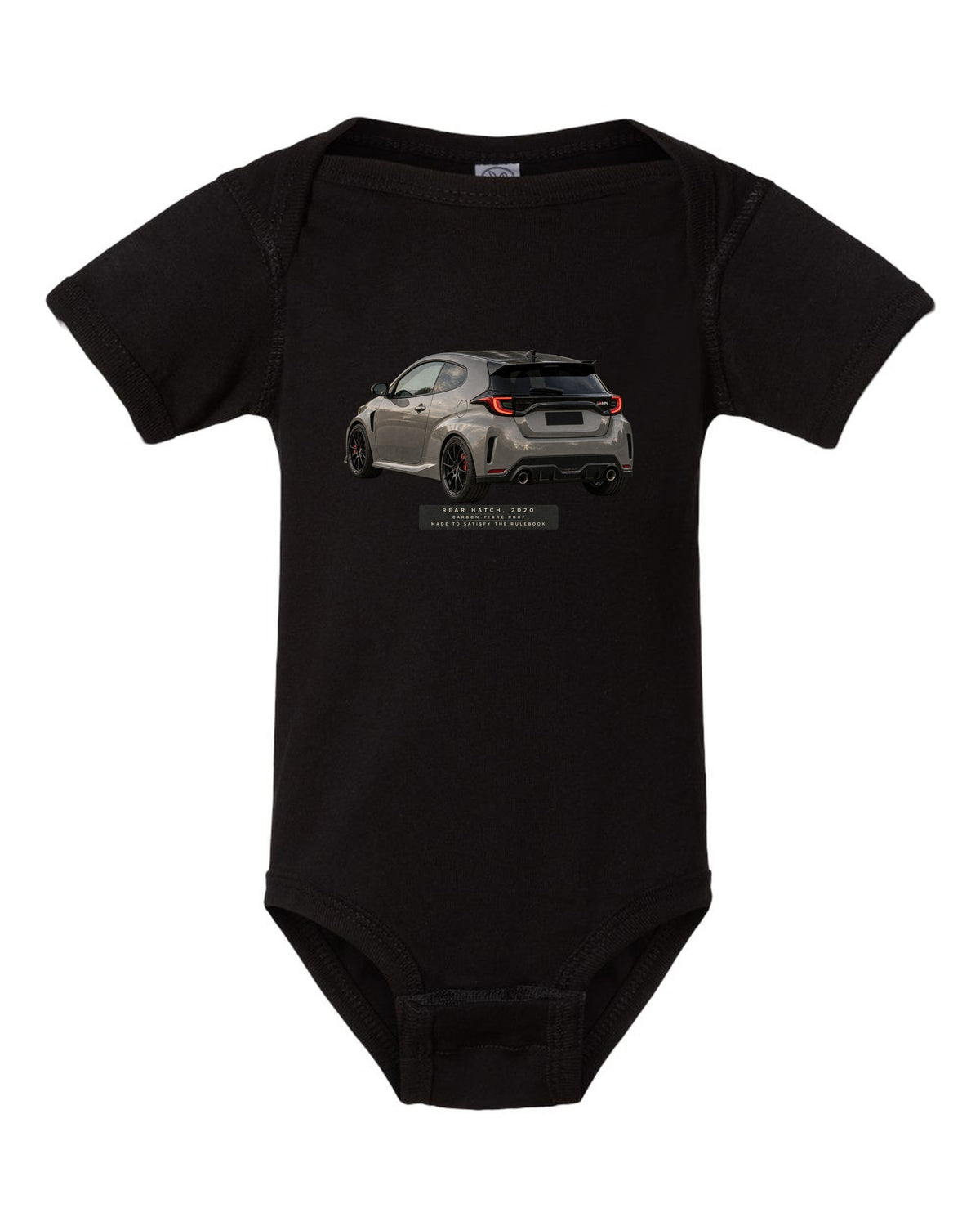 Close-up of a Toyota GR Yaris 2020 rear tailgate and taillight black baby onesie front view with the design
