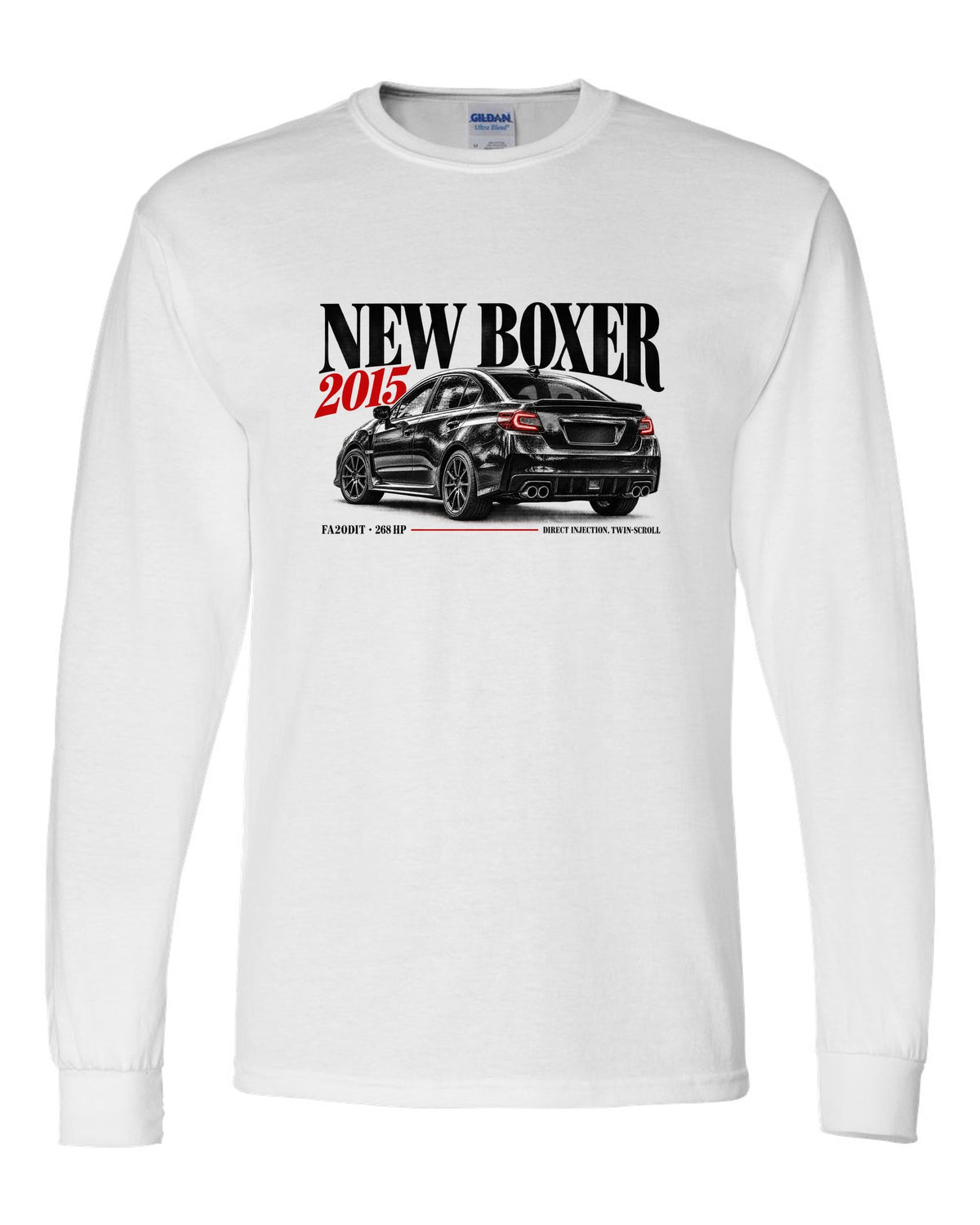 Editorial headline print for the Subaru WRX VA saloon reading New Boxer, 2015, FA20DIT, 268 HP white long sleeve front view with the design
