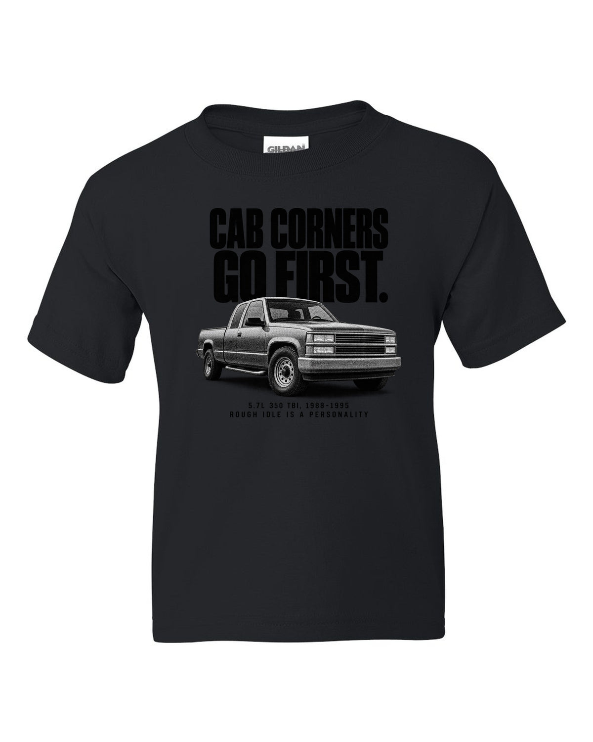 Halftone print of a 1988-98 Chevrolet GMT400 C1500 OBS with 5.7L 350 TBI text black kids tee front view with the design