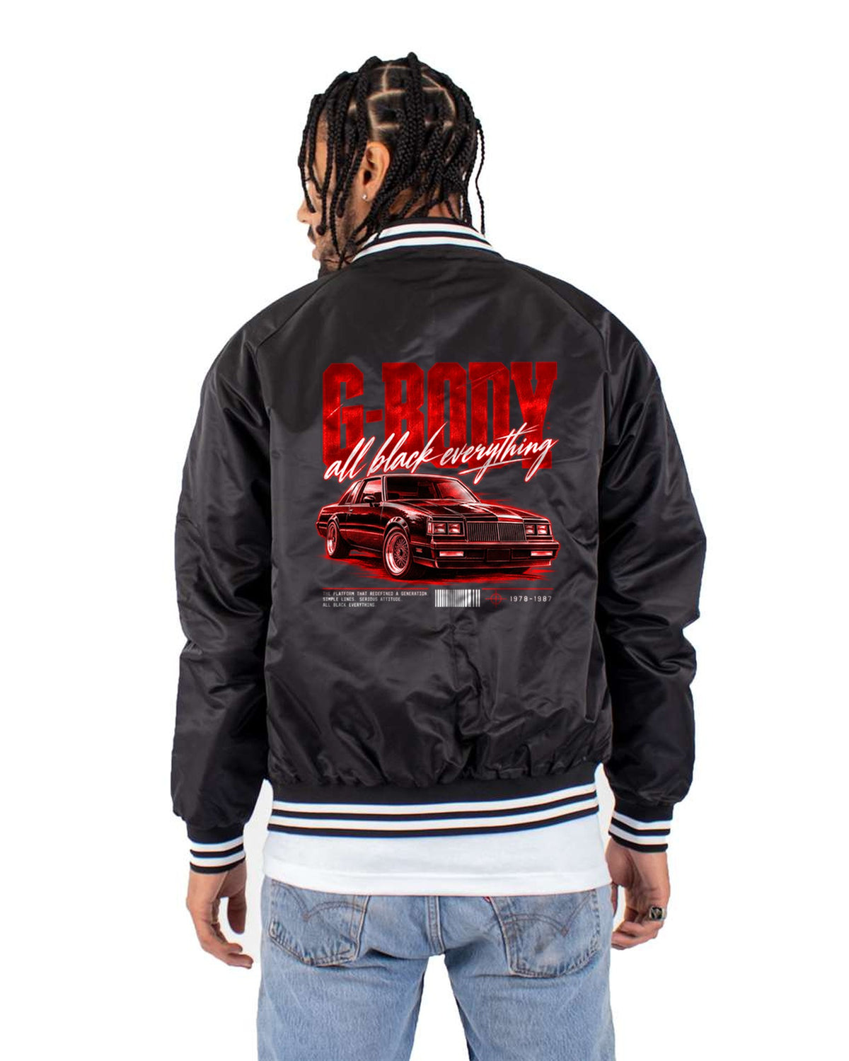Buick Regal G-Body Coupe Street Poster Shirt, All Black Bomber Jacket Black back