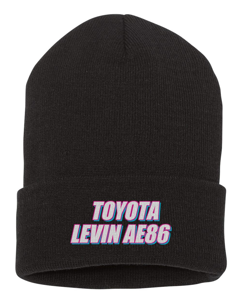 Toyota Levin Ae86 black beanie front view with car name