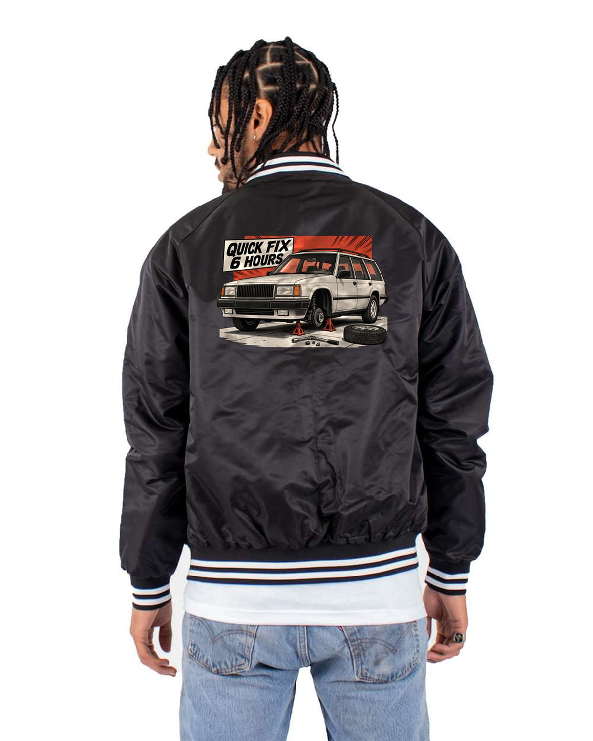Jeep Cherokee XJ Quick Fix Manga Panel print Shirt Bomber Jacket Black back